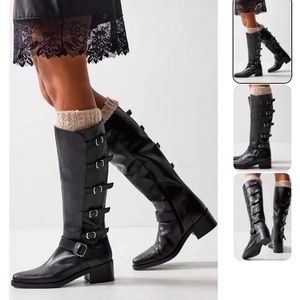 FREE PEOPLE Eclipse Tall Black Leather Moto Boots; Adjustable for Wide Calf US11